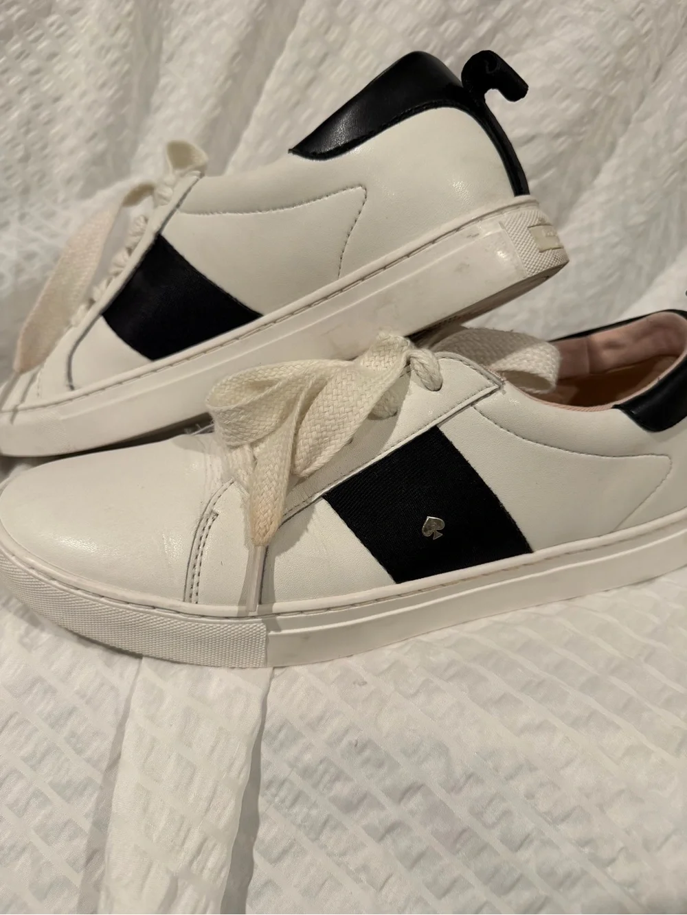 kate spade White Leather Sneakers with Black Stripe and Pink Lining
